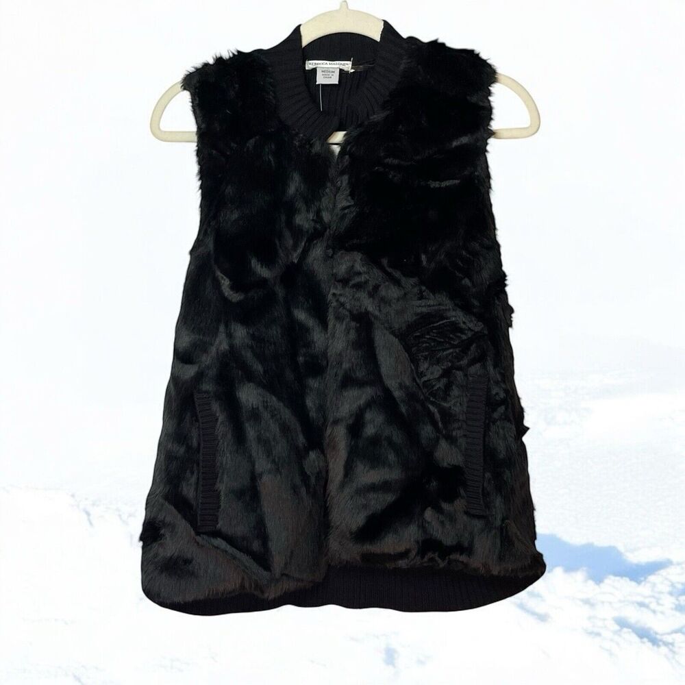 Rebecca Malone Black Faux Fur Ribbed Knit Open Vest w/ Pockets Women’s M NWT